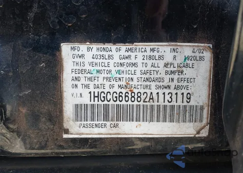 2002 Honda Accord 2.3 Ex/2.3 Se z USA, uszkodzony, nr VIN 1HGCG66882A113119